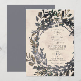 Moody Gothic Floral Wreath Stahl Graugold Einladung