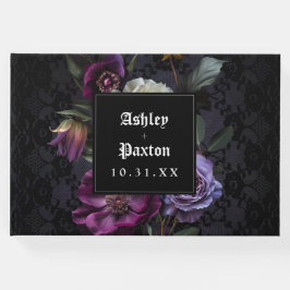 Moody Gothic Lila Floral Bouquet auf Black Lace Gästebuch