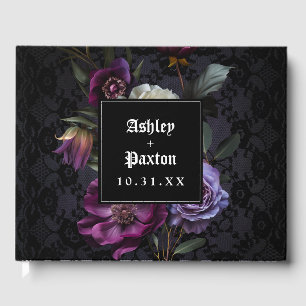 Moody Gothic Lila Floral Bouquet auf Black Lace Gästebuch