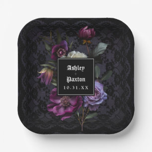Moody Gothic Lila Floral Bouquet auf Black Lace Pappteller