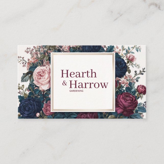 Moody Gothic Navy Burgundy Pink Rose Floral Frame Visitenkarte (Vorderseite)