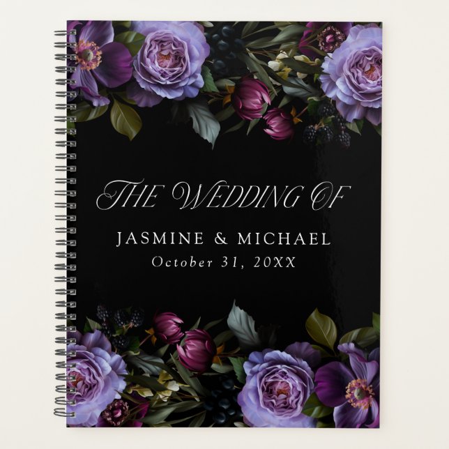 Moody Gothic Purple Floral Wedding Planer (Vorderseite)