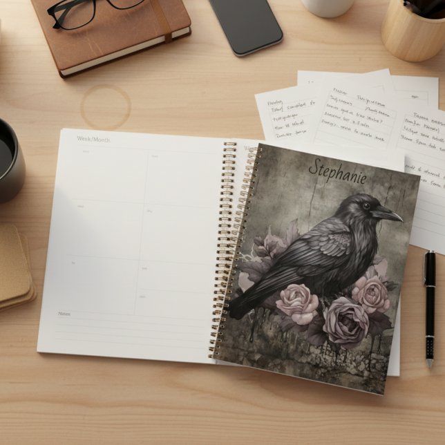 Moody Gothic Raven Dark Academia Planer (Personalized Gothic black raven with roses daily planner)