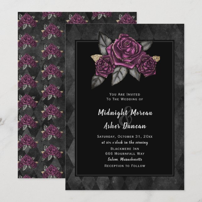 Moody Gothic Rose Black Wedding Einladung (Vorne/Hinten)