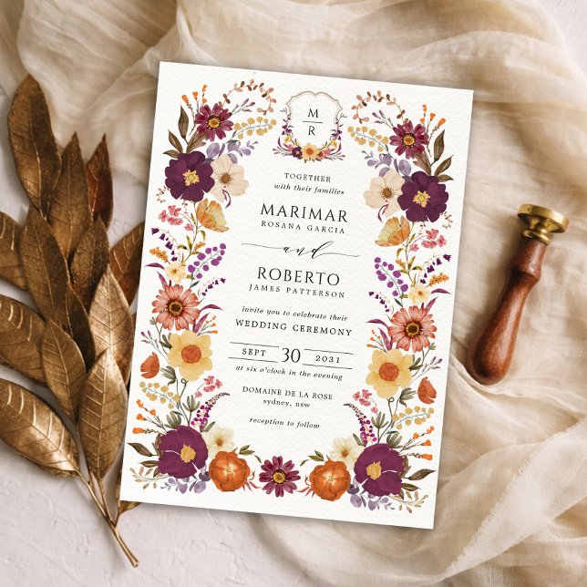 Moody Handpainted Florals Wedding Monogram Crest Einladung (Von Creator hochgeladen)