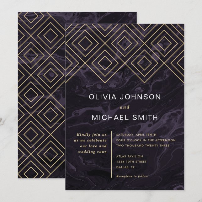 Moody Hues Amethyst Lila Marble Wedding Einladung (Vorne/Hinten)