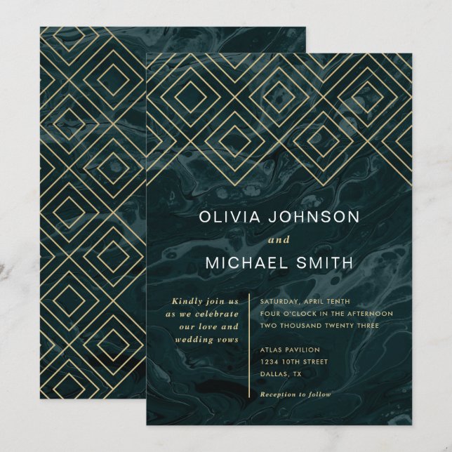 Moody Hues Turquoise Marble Wedding Einladung (Vorne/Hinten)