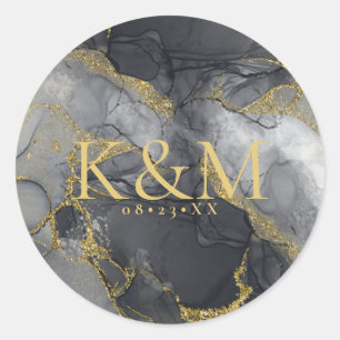 Moody Ink Charcoal Gold Abstrakt ID988 Runder Aufkleber