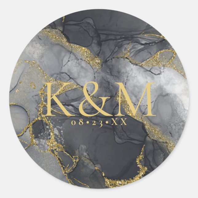 Moody Ink Charcoal Gold Abstrakt ID988 Runder Aufkleber (Vorderseite)