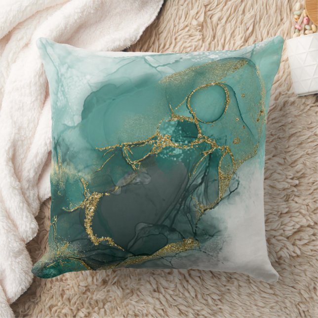 Moody Ink Emerald Gold Abstrakt Wht ID988 Kissen (Decke)
