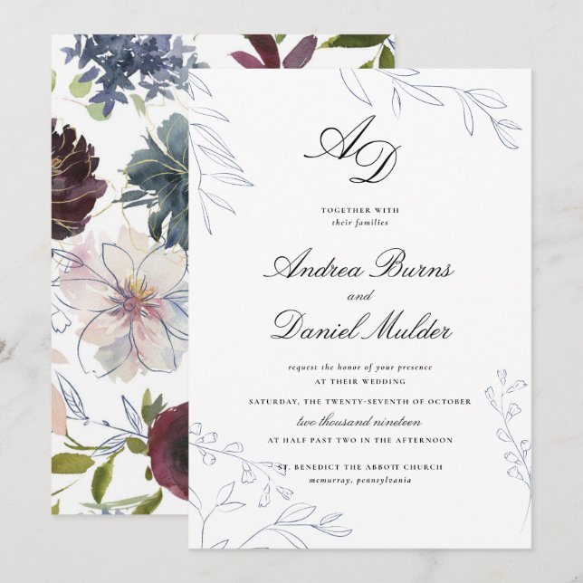 Moody Jewel Tone Floral Wedding Einladung (Vorne/Hinten)