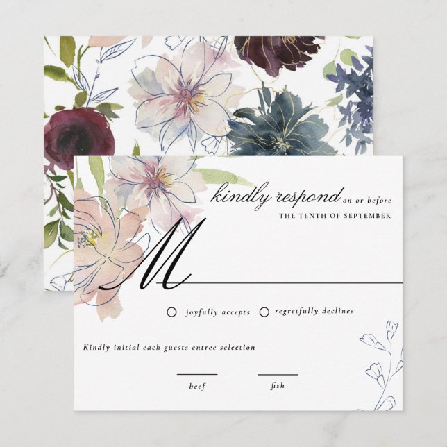 Moody Jewel Tone Floral Wedding RSVP Einladung (Vorne/Hinten)