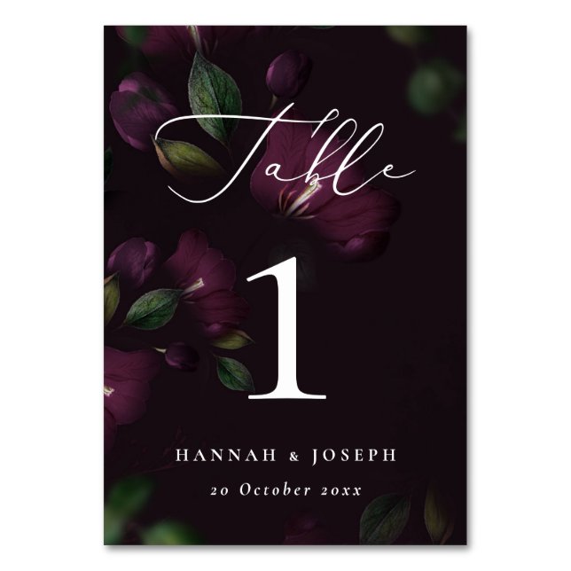 Moody Lila Bloom Gothic Calligrafy Wedding Tischnummer (Rückseite)