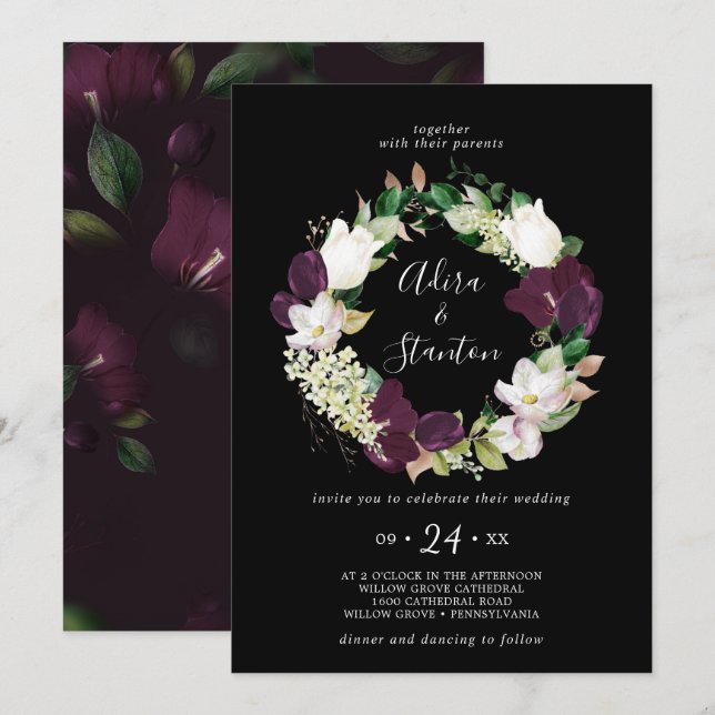 Moody Lila Blooms | Black Wreath Wedding Einladung (Vorne/Hinten)
