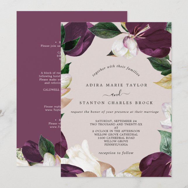 Moody Lila Blooms | Blush & Berry die Hochzeit von Einladung (Vorne/Hinten)