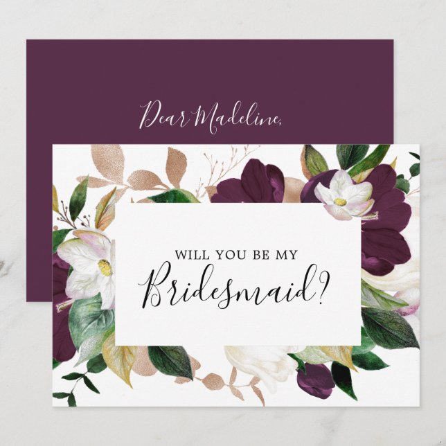 Moody Lila Blooms Bridesmaid-Vorschlagskarte Einladung (Vorne/Hinten)