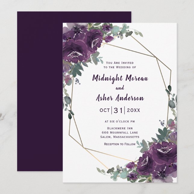 Moody Lila Blooms florale Hochzeitseinladung Einladung (Vorne/Hinten)