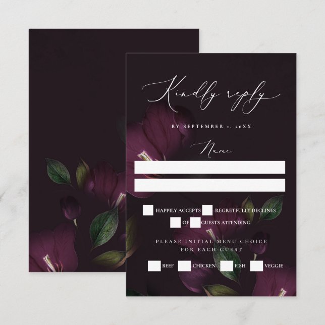 Moody Lila Blooms Gothic Wedding RSVP Karte (Vorne/Hinten)
