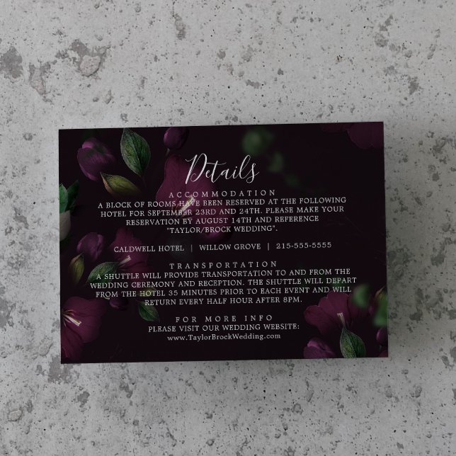 Moody Lila Blooms Muster Hochzeitdetails Begleitkarte (Von Creator hochgeladen)