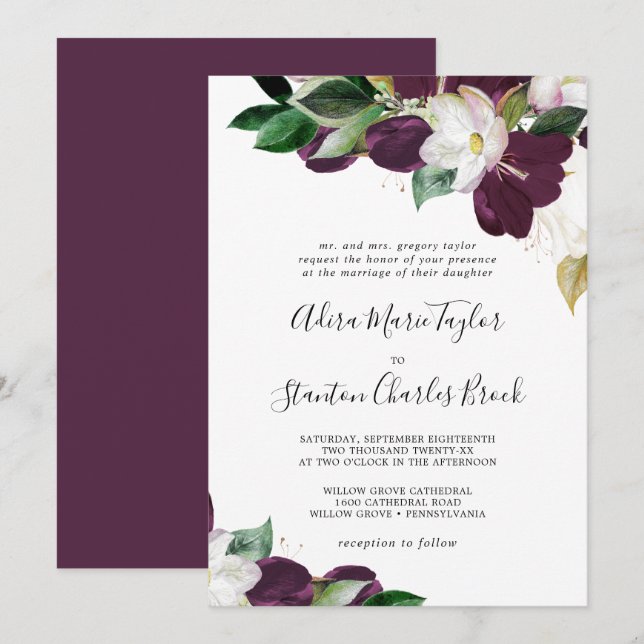 Moody Lila Blooms Traditionelle Hochzeit Einladung (Vorne/Hinten)