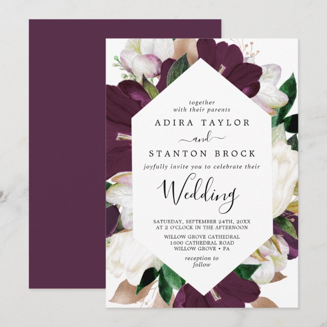Moody Lila Blooms Wedding Einladung (Vorne/Hinten)
