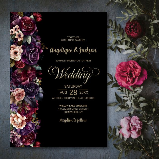 Moody Lila Burgundy Black Floral Wedding Einladung (Von Creator hochgeladen)