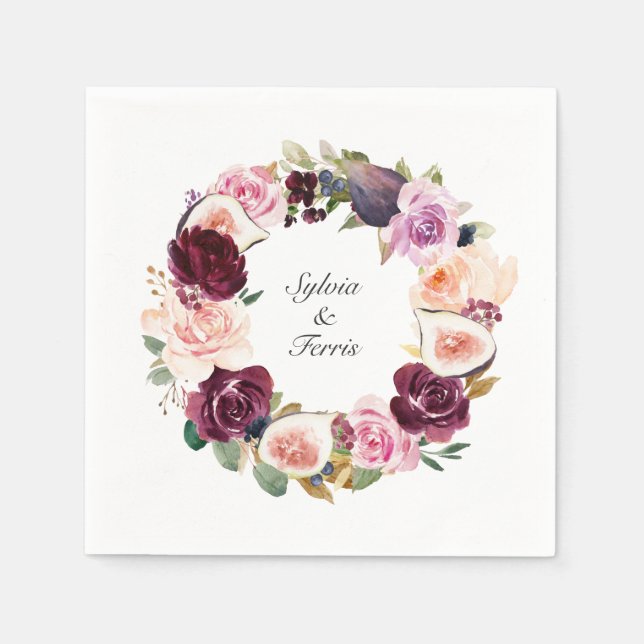 Moody, Lila, floral und Fig Wreath Names Wedding Serviette (Vorderseite)
