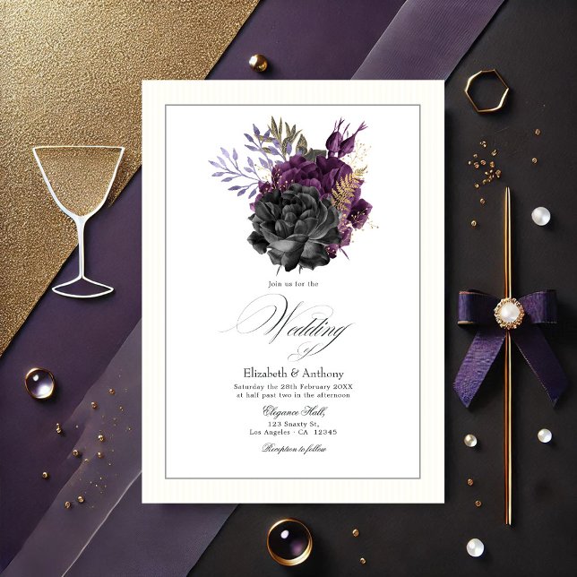 Moody Lila, Gold und Black Floral Wedding Einladung (Moody Purple, Gold and Black Floral Wedding Invitation)