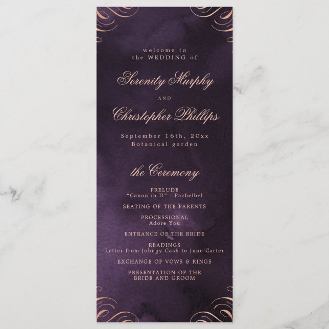 Moody lila Rose Gold Calligraphy Wedding Program Menükarte (Vorderseite)