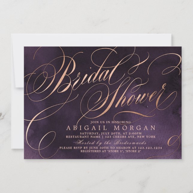 Moody lila Rose Goldkalligraphie Brautparty Einladung (Vorderseite)