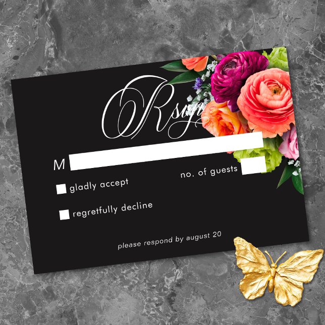Moody Luxe Floral Vibrant Pink Black Wedding RSVP Karte (Moody Luxe Floral Vibrant Pink Black Wedding RSVP Card)