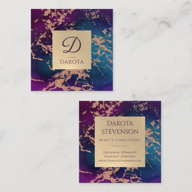 Moody Luxe Marble | Tief Lila und Aquamarine Monog Quadratische Visitenkarte (Vorne/Hinten)