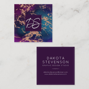 Moody Luxe Marble   Tief Lila und Aquamarine Monog Quadratische Visitenkarte