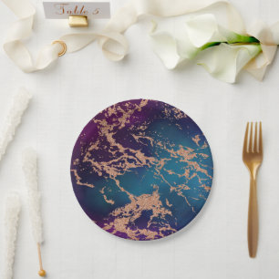 Moody Luxe Marble   Tief Lila und Aquamarine Rose  Pappteller