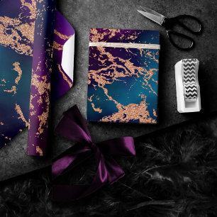 Moody Luxe Marmor   Tiefes Lila und Teal-Roségold Geschenkpapier