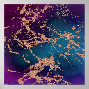 Moody Marble Luxe Deep Lila Aquamarine Rose Gold Poster