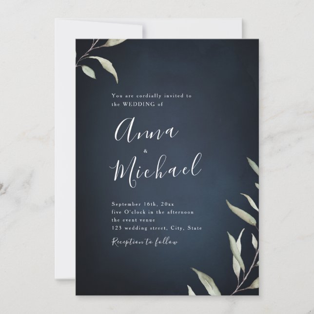 Moody Marine minimale botanische grüne Hochzeit Einladung (Vorderseite)