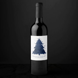 Moody Merry Christmas Classy Dark Navy Blue Tree Weinetikett
