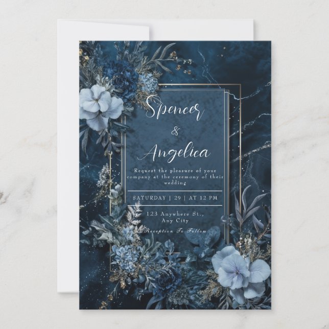 Moody Navy Blue Floral Faire-part de mariage (Devant)