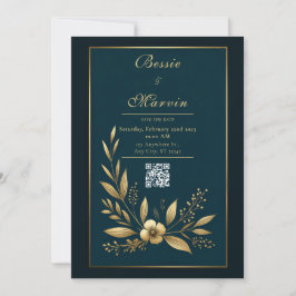 Moody Navy Gold Botanical Wedding Einladung
