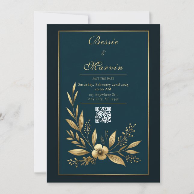 Moody Navy Gold Botanical Wedding Einladung (Vorderseite)