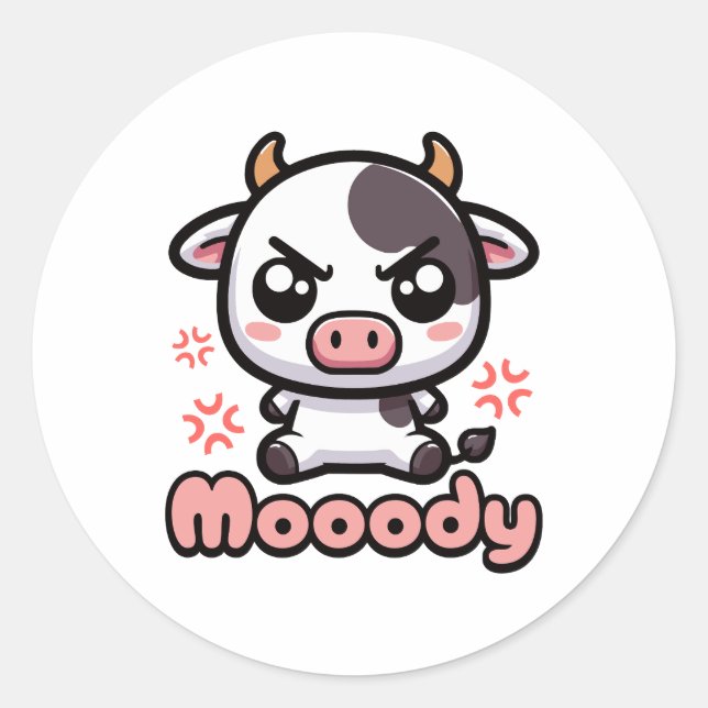 Moody! Niedliche wütende Kuh Puppe Cartoon Runder Aufkleber (Vorderseite)