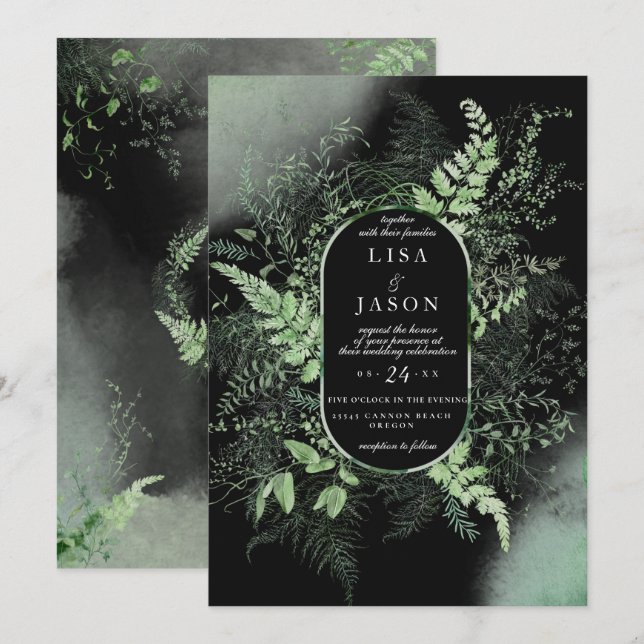 Moody Night Misty Fog Woodland Greenerity Wedding Einladung (Vorne/Hinten)