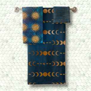 Moody Ocean Galaxy Metalic Gold Lunar Phase Mystic Badhandtuch Set
