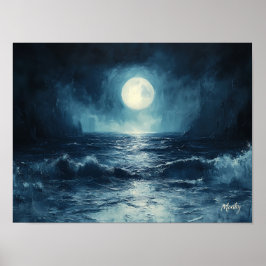 Moody Ocean Moonlight Szene mit Wellen Crashing Poster
