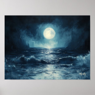 Moody Ocean Moonlight Szene mit Wellen Crashing Poster