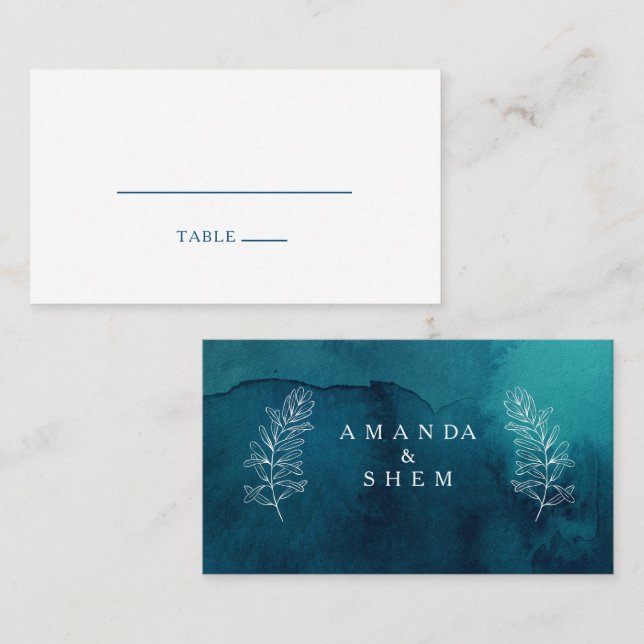 Moody Ocean Watercolor Flat Wedding Platzkarte (Vorne/Hinten)