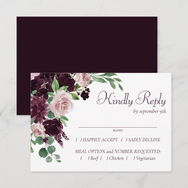 Moody Passions | Dramatischer Lila Wein Rose RSVP Karte (Vorne/Hinten)
