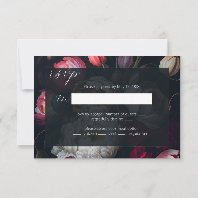 Moody Peony malerisch Wedding Black RSVP Card Karte (Vorderseite)