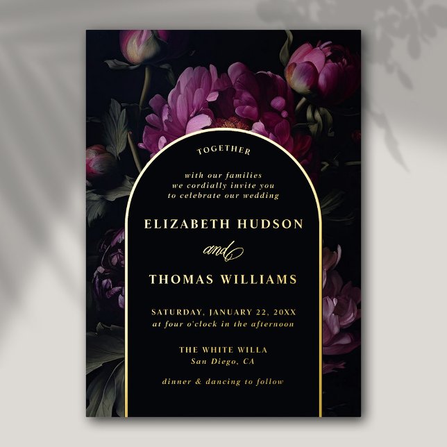 Moody Peony Vintag Boho Gold Elegante Wedding Folieneinladung (moody floral wedding invitation vintage pink peony dark elegant classic formal boho arch gold foil)